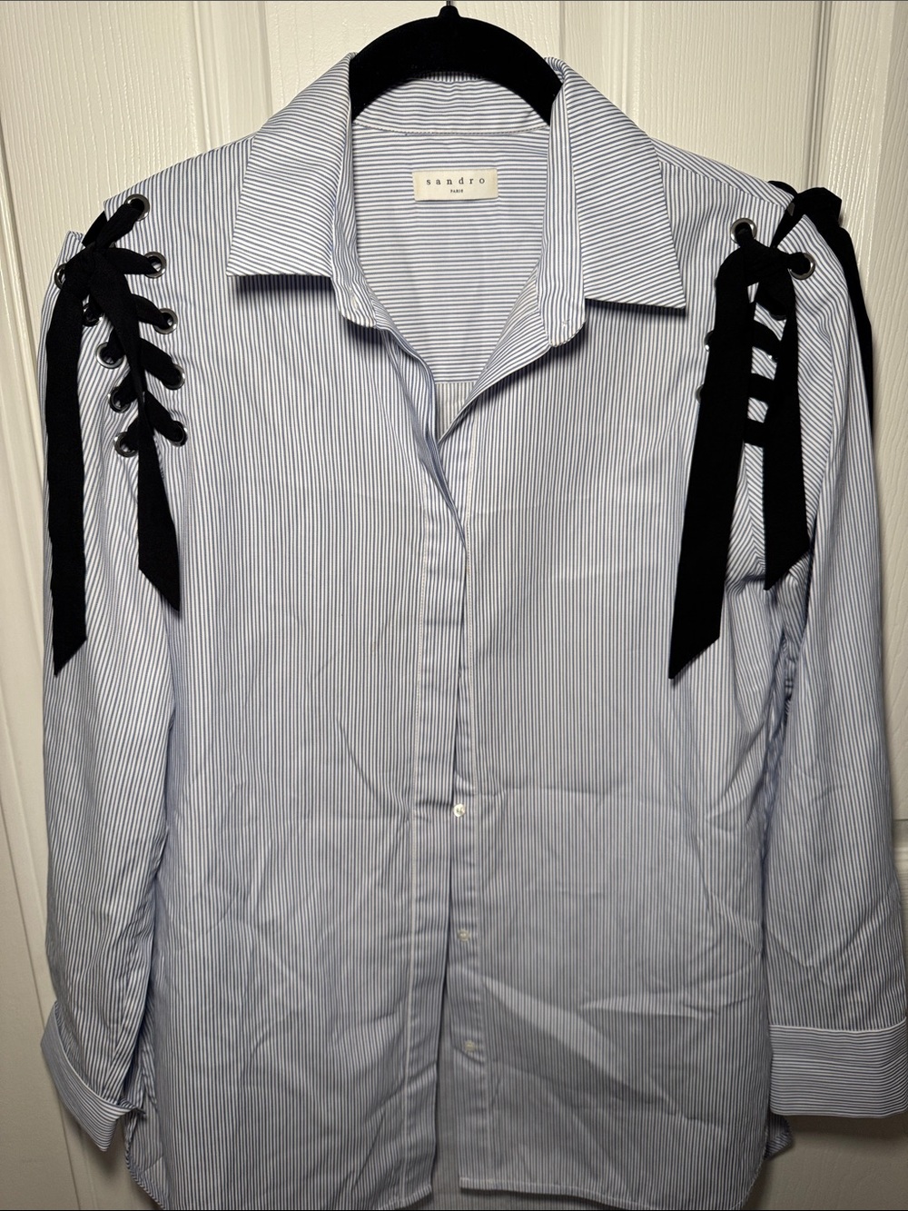 Sandro Blue and White Pinstripe Shirt with Black Lace Shoulder Ties